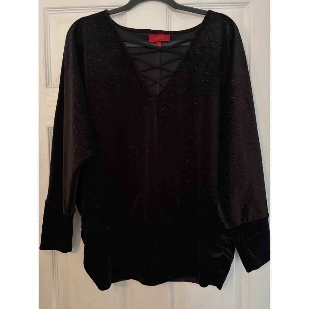 Jennifer Lopez Womens Cocktail Dressy Black Sparkle Top ‎ Size Large